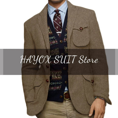 Veste en tweed trempée pour hommes, simple boutonnage, revers pointu, veste multi-poches, mince, élégante, mode, chimsteampunk, mariage, Rh