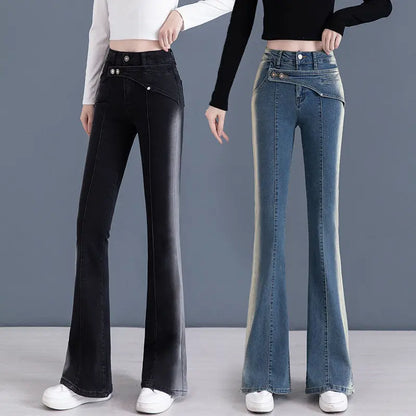 Jean évasé bleu nickel é vintage pour femme, pantalon taille haute, poche complète, polyvalent, simple, décontracté, printemps, automne