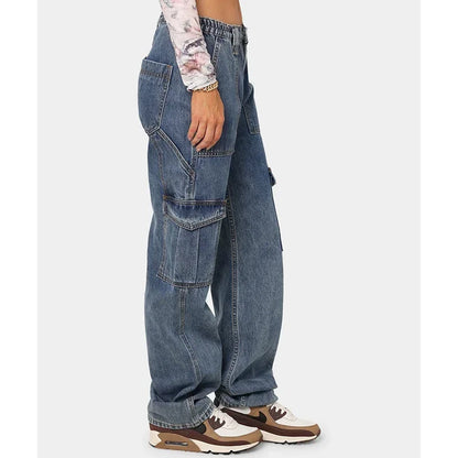 Jean Cargo Américain Taille Haute pour Femme, Pantalon Droit Croisé, Mode Fille, Bleu Clair, Bleu Foncé, Noir, Gris, Denim Fjj