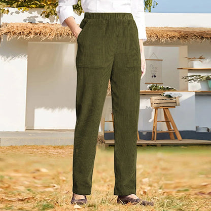 Pantalon en velours côtelé pour femme, décontracté, taille haute, jambe droite, couleur unie, pantalon Baggy confortable avec poches