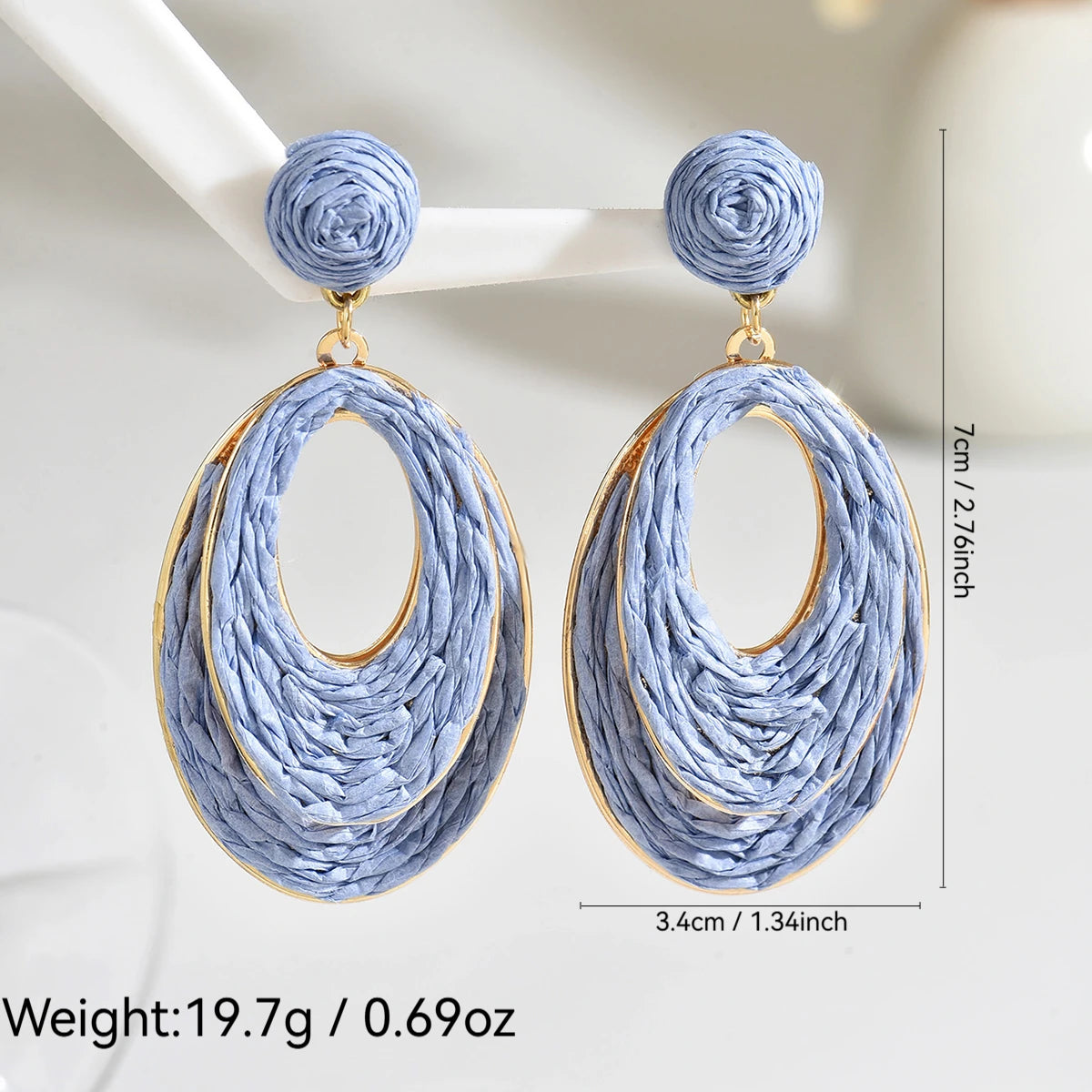 Boho tendance fait à la main Double couche ovale en raphia boucles d'oreilles pour les femmes élégant rotin tricot boucles d'oreilles bijoux d'été cadeaux
