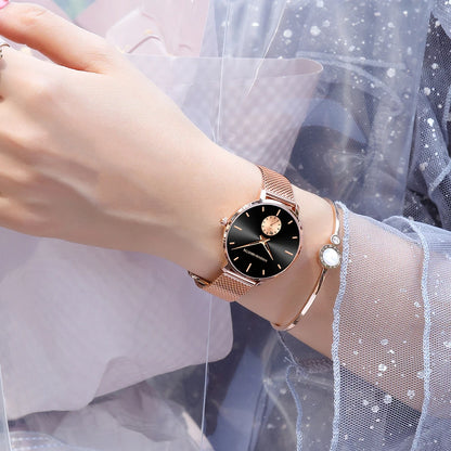 HANNAH MARTIN Top marque femmes montre 1335 synchronisation sous-cadran en acier inoxydable maille mouvement à Quartz or Rose 33mm