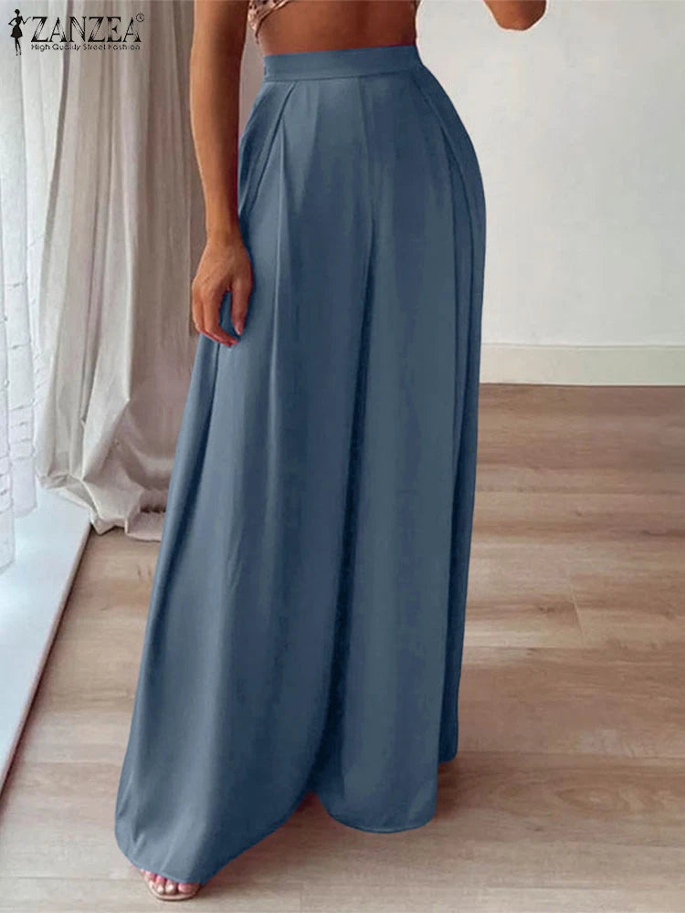 ZANZEA 2025 Pantalon d'été femmes taille haute Baggy Pantalon élégant travail OL Pantalon solide Long Palazzo élégant ample jambe large Pantalon
