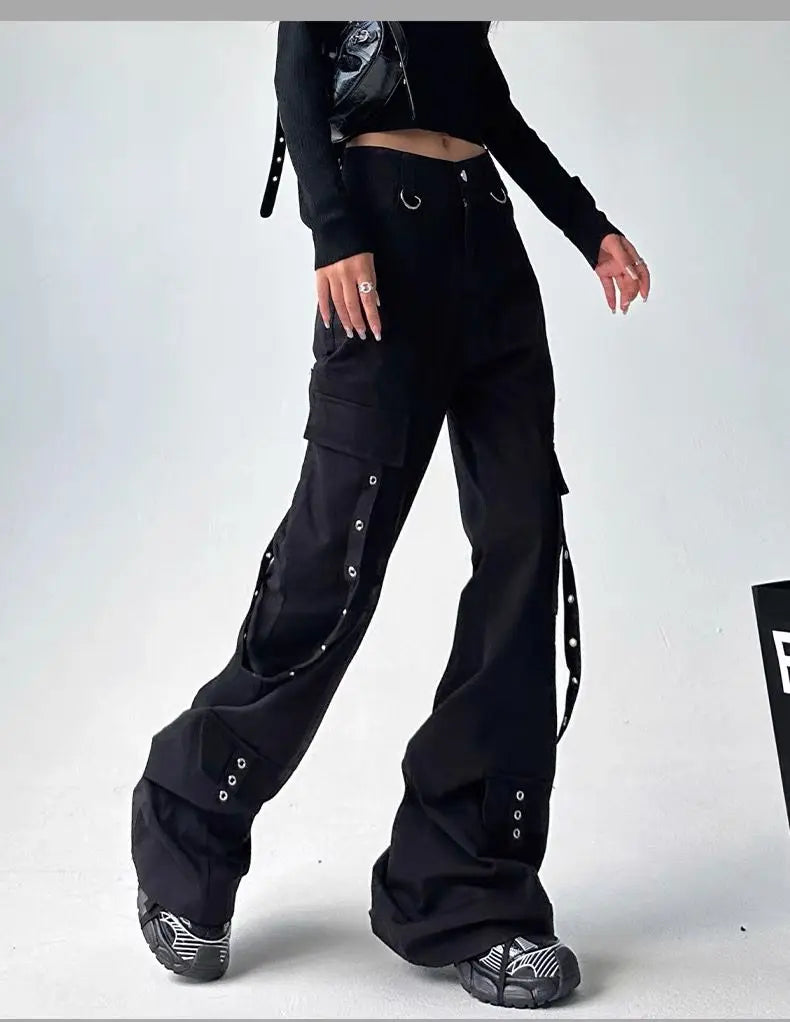 Pantalon évasé cargo gothique noir pour femme, vintage, Harajuku, années 90, rétro, taille haute, jambe large, fjStreetwear, années 2000, Y2k