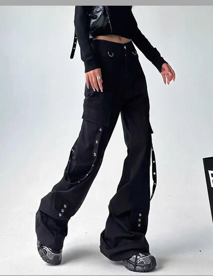 Pantalon évasé cargo gothique noir pour femme, vintage, Harajuku, années 90, rétro, taille haute, jambe large, fjStreetwear, années 2000, Y2k