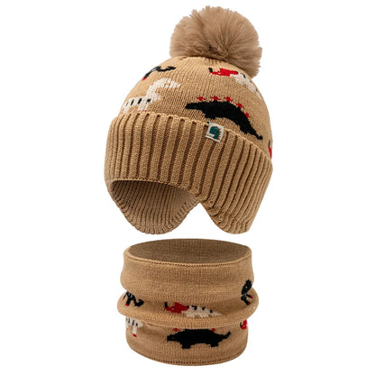 Bonnet tricoté petit dinosaure pour enfants de 2 pièces à 12 ans, ensemble écharpe de chapeau chaud de protection des oreilles pour enfants, chapeau d'automne et d'hiver