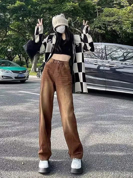 Feynzz – jean marron rétro européen et américain pour femme, pantalon taille haute, jambe droite, ample et fin, jambes larges, printemps et automne