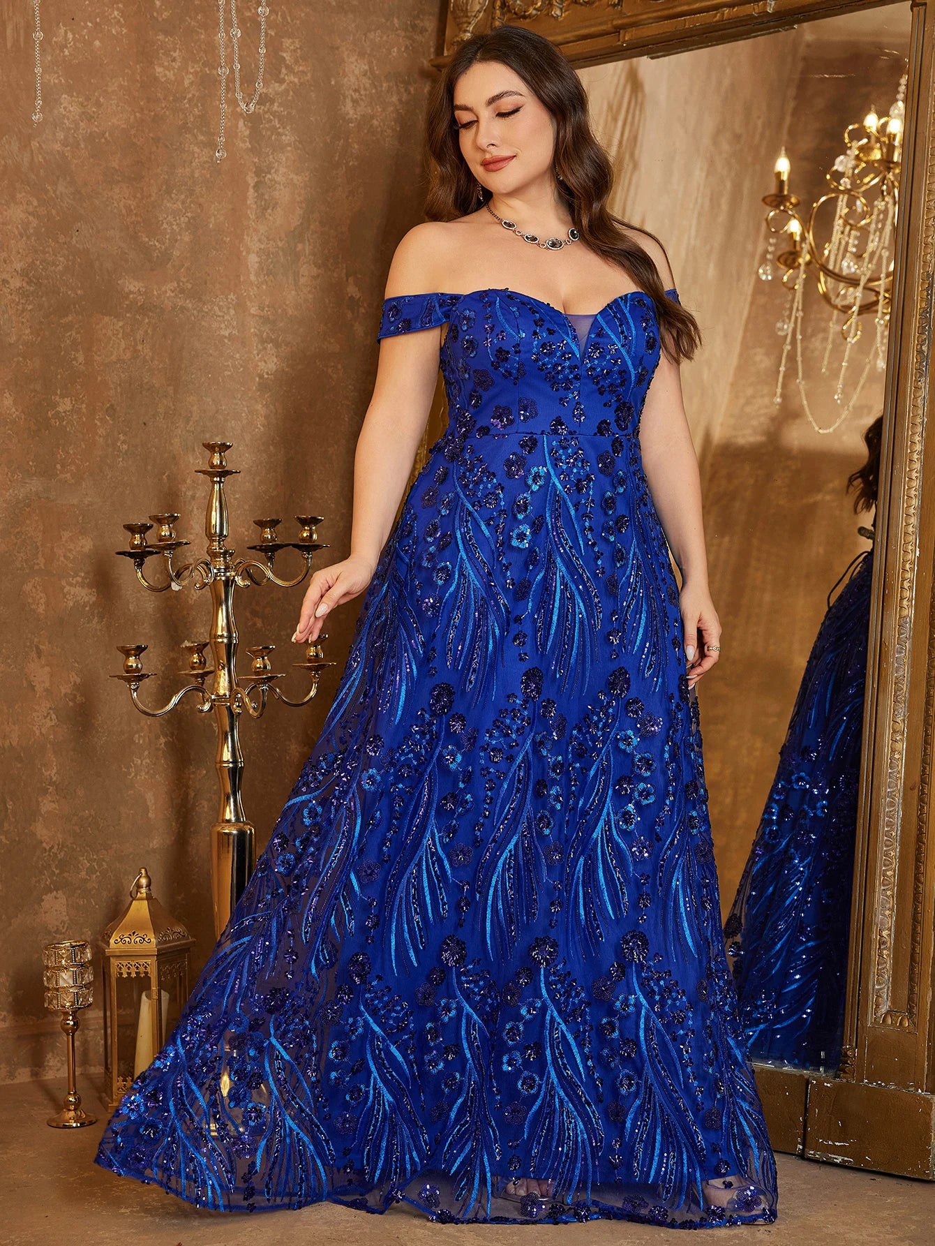 UNITHORSE grande taille femmes une épaule paillettes brodé fleur dos croix cravate conception élégante robe de soirée brillante jupe