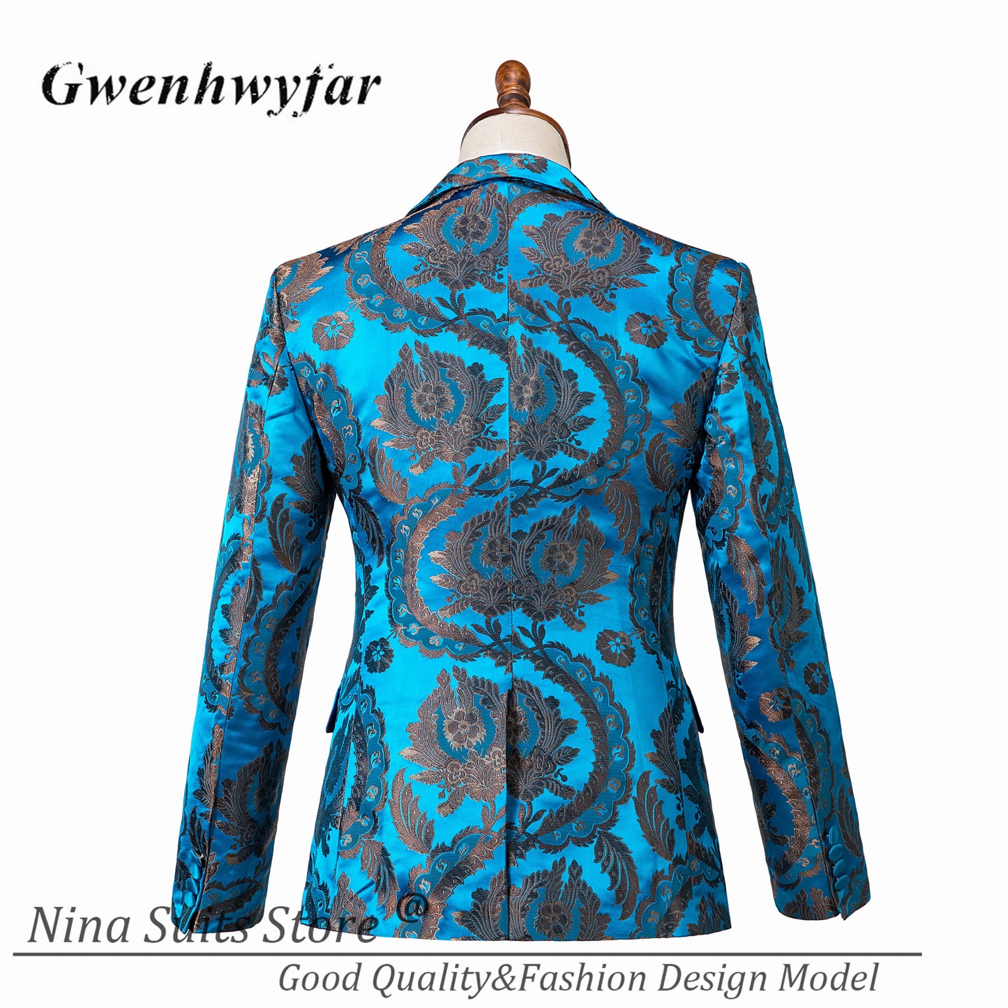 G & N-Smokings de soirée pour homme, ensemble 3 pièces, blazer sur mesure, revers Patricia, un bouton, bleu lac, brume dorée, zones florales, luxe, 2025
