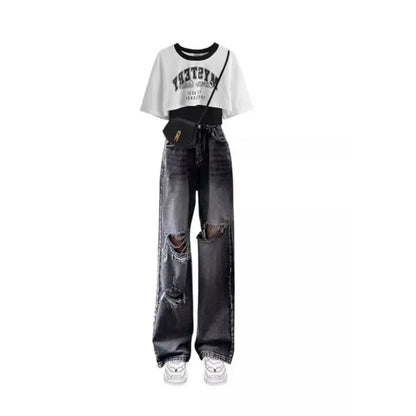 Ensemble assressentitrois pièces pour femme, pantalon en denim, t-shirt à manches courtes, jean troué, vêtements chauds, été, nouveau, 2025
