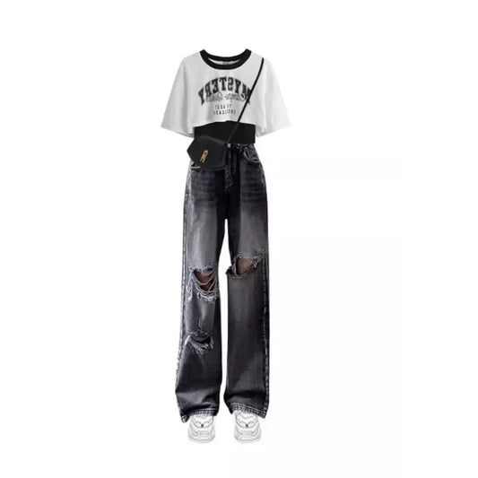 Ensemble assressentitrois pièces pour femme, pantalon en denim, t-shirt à manches courtes, jean troué, vêtements chauds, été, nouveau, 2025