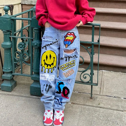 Jean Denim Imprimé Coeur pour Femme, Denim Découpé, Vêtements Danemark die, Streetwear, Taille Haute, Pantalon Baggy, Bleu, Y2k, Harajuku, Mode