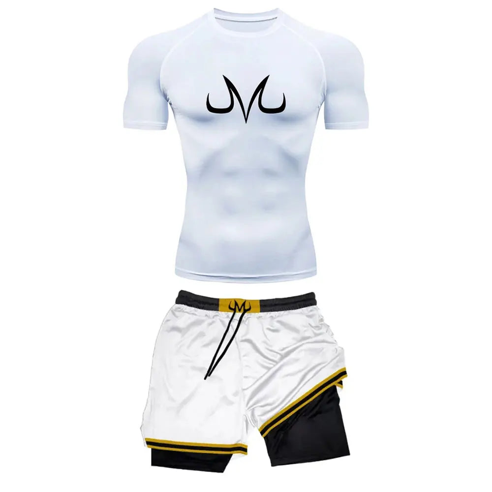 Chemise de Compression + short de gymnastique 2 pièces entraînement été Anime imprimé ensemble de Compression de gymnastique course Sport Fitness costume pour hommes vêtements de Sport