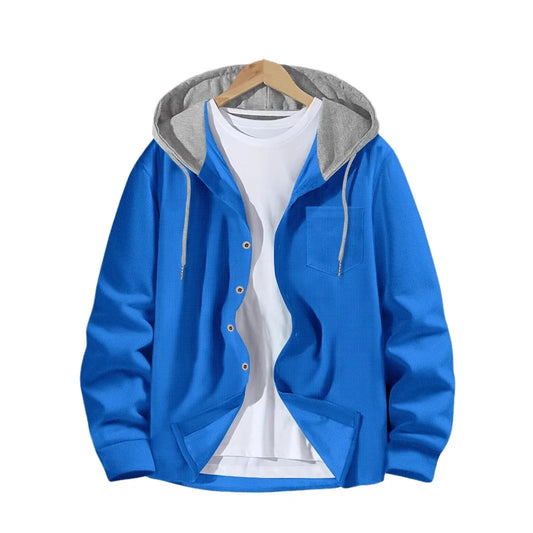 2025 printemps et automne hommes gaufre treillis couleur boutonnage à capuche cardigan décontracté manteau nouvelle mode lâche sports de plein air haut pour hommes