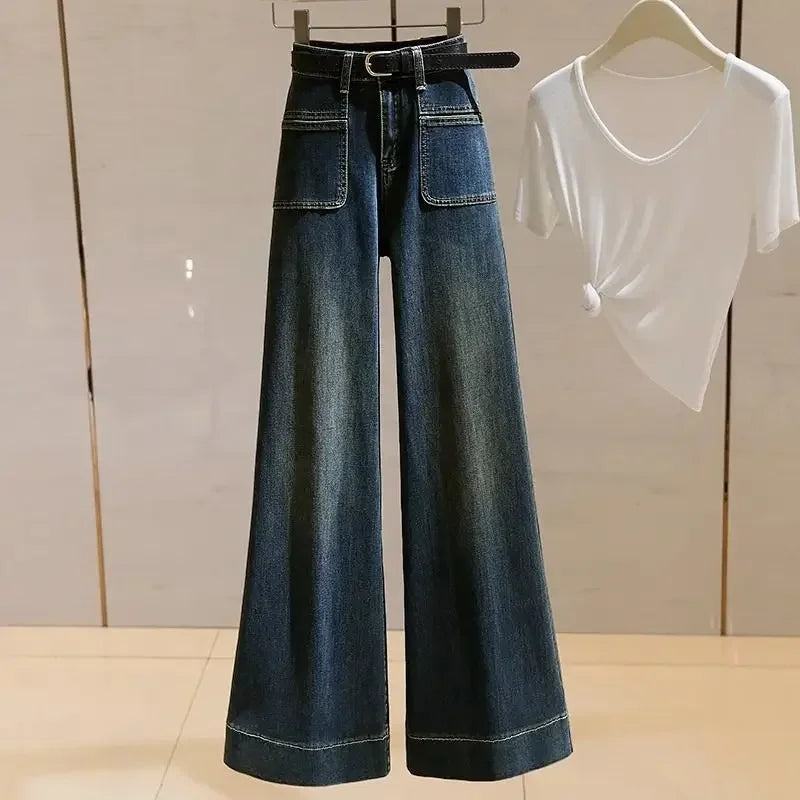 Jean taille haute à jambes larges pour femmes, Vintage, extensible, polyvalent, coupe ample, jambe droite, amincissant, pantalon inférieur Microbell