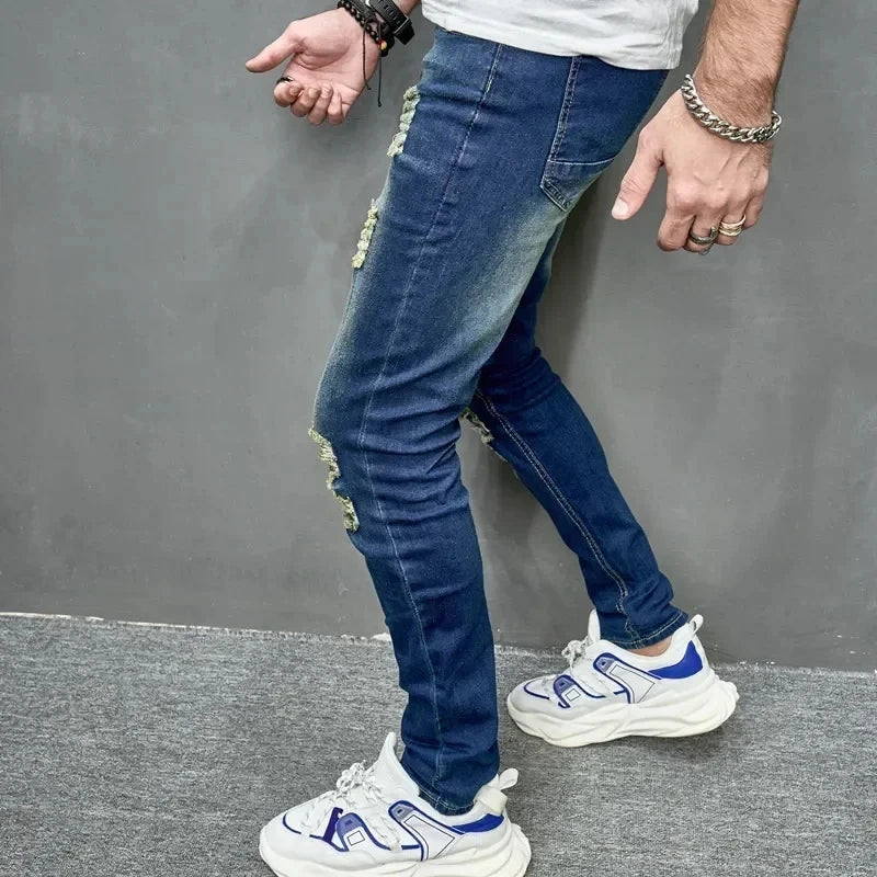 Jean slim déchiré personnalisé pour hommes, nouveau Style, couleur unie, extensible, petit pied, Streetwear, pantalon en Denim pour moto, 2024