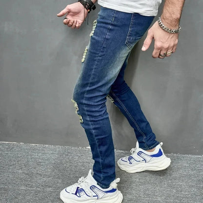 Jean slim déchiré personnalisé pour hommes, nouveau Style, couleur unie, extensible, petit pied, Streetwear, pantalon en Denim pour moto, 2024