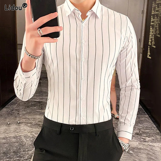 Chemises rayées à boutons formels pour hommes, beau tempérament, col rabattu, maigre, printemps, été, automne, vêtements fins pour hommes, mode