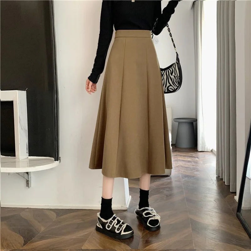 Jupes mi-longues taille haute pour femmes, All-Match A-Line, Élégant, Bureau, Lady Leisure, Automne, Hiver, Simple, Mode basique, Nouveau, Ins Faldas