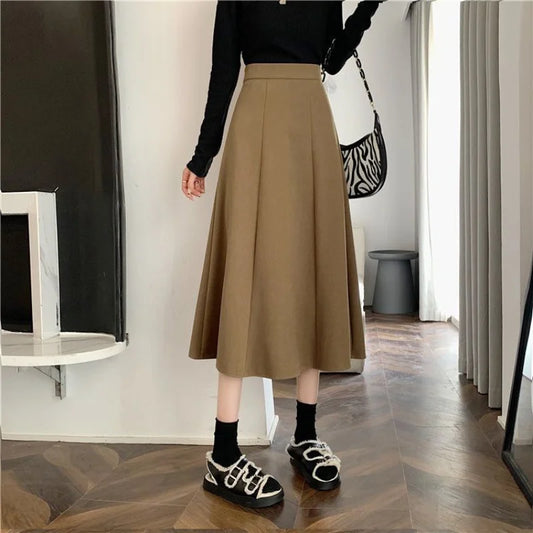 Jupes mi-longues taille haute pour femmes, All-Match A-Line, Élégant, Bureau, Lady Leisure, Automne, Hiver, Simple, Mode basique, Nouveau, Ins Faldas