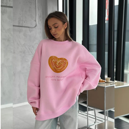 Sweat-shirt à col rond pour femme, imprimé gâteau de moscou, rose, fin, manches longues, Style russe, ample, mode coréenne, automne 2025