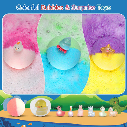Bombes de bain pour enfants avec jouet à l'intérieur, 24 bombes de bain moussantes naturelles et organiques avec surprise qui brille dans la nuit à l'intérieur