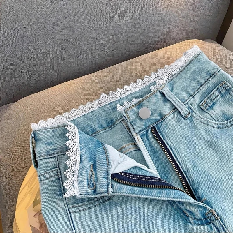 Jean Patchwork en dentelle pour femmes, coupe cintrée, taille haute, Micro pantalon évasé, Style coréen, décontracté, fermeture éclair, Denim, été