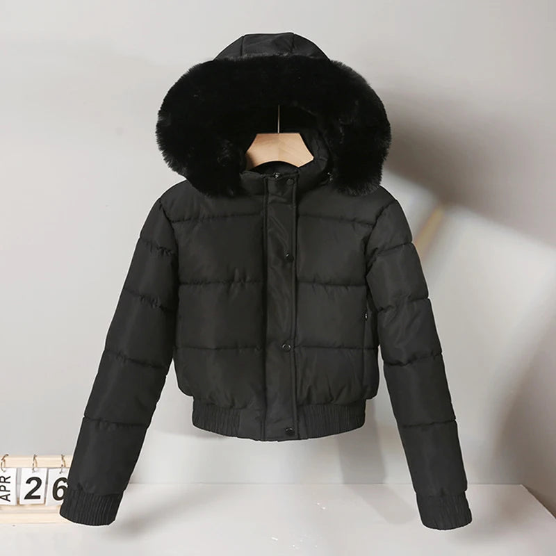 sister fara Doudoune à capuche en coton pour femme, grand col en fourrure
