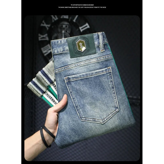 Jeans de luxe à rayures bleues pour hommes, haut de gamme, léger, polyvalent, coupe couvertes, skinny, déchiré, fjny, rue, printemps, 2024