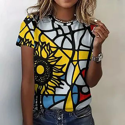 Dessin animé chat motif t-shirt pour femmes Vintage géométrique 3D imprimé manches courtes été loisirs t-shirt col rond hauts T-Shirts