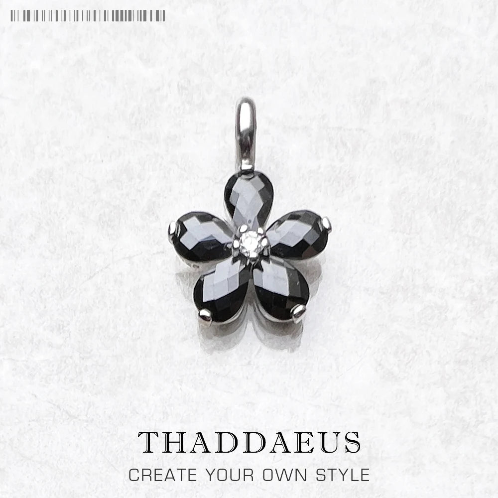 Pendentif fleur en cristal noir, marque de bijoux à la mode, accessoires européens, cadeau en argent Sterling 925 pour femmes