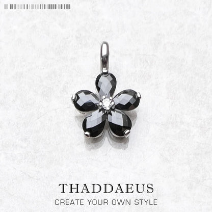 Pendentif fleur en cristal noir, marque de bijoux à la mode, accessoires européens, cadeau en argent Sterling 925 pour femmes