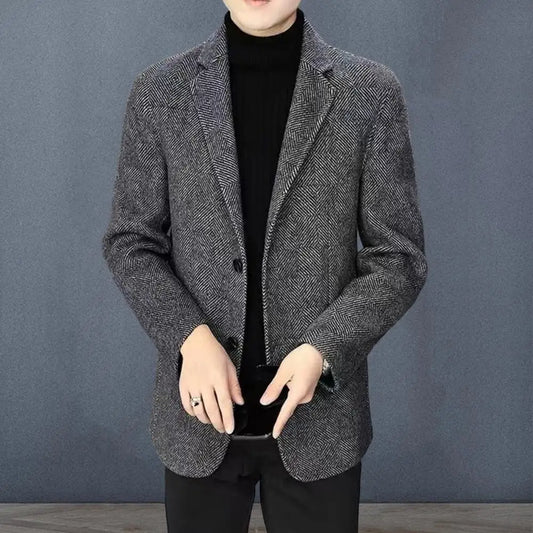 Veste de costume en laine pour hommes, manteau d'hiver, coupe cintrée, veste d'affaires en laine avec revers, manches longues, costume à deux boutons pour l'automne