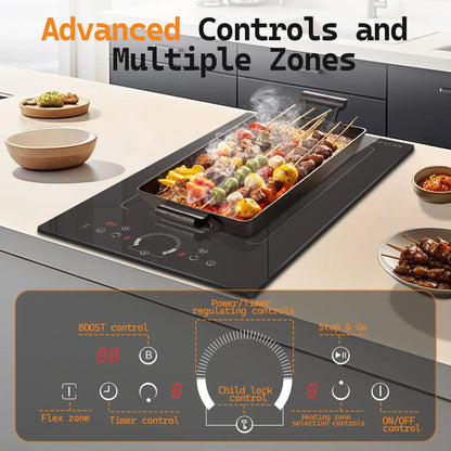 NOXTON Plaque à induction 2 feux,  Plaque de cuisson électrique encastrée, zone de gril flexible, anneau coulissant tactile, 220-240V fil rigide/prise de courant