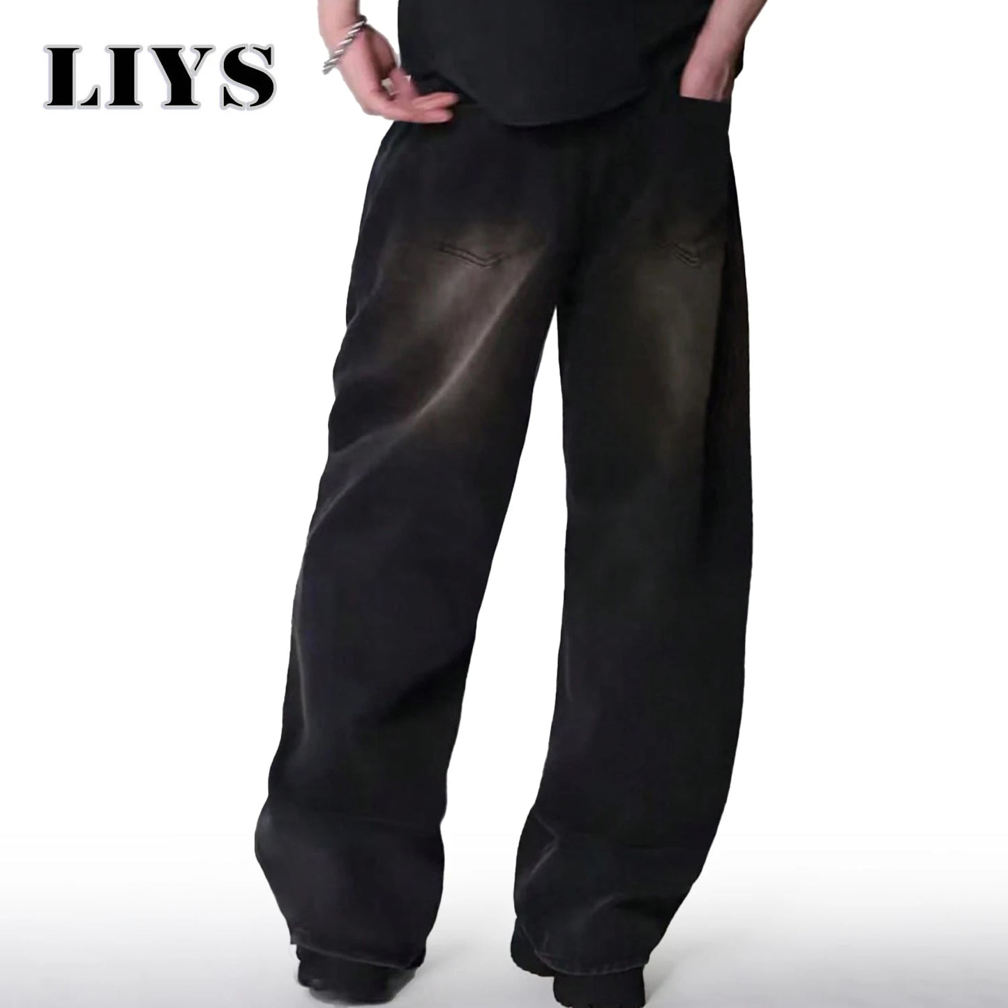 Jean quatre saisons pour hommes Version coréenne étudiant pantalons décontractés haute rue droit ample jambe large Jean noir gris bleu Baggy Jean