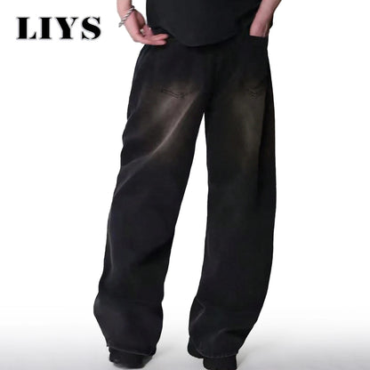 Jean quatre saisons pour hommes Version coréenne étudiant pantalons décontractés haute rue droit ample jambe large Jean noir gris bleu Baggy Jean