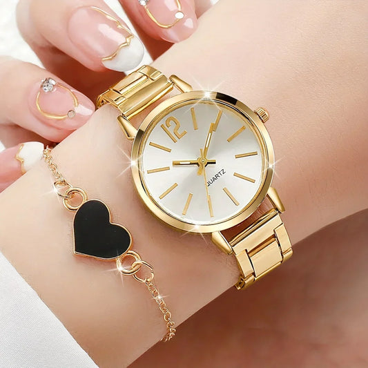 Montres dorées coeur Bracelet à breloques 2 pièces ensemble mode