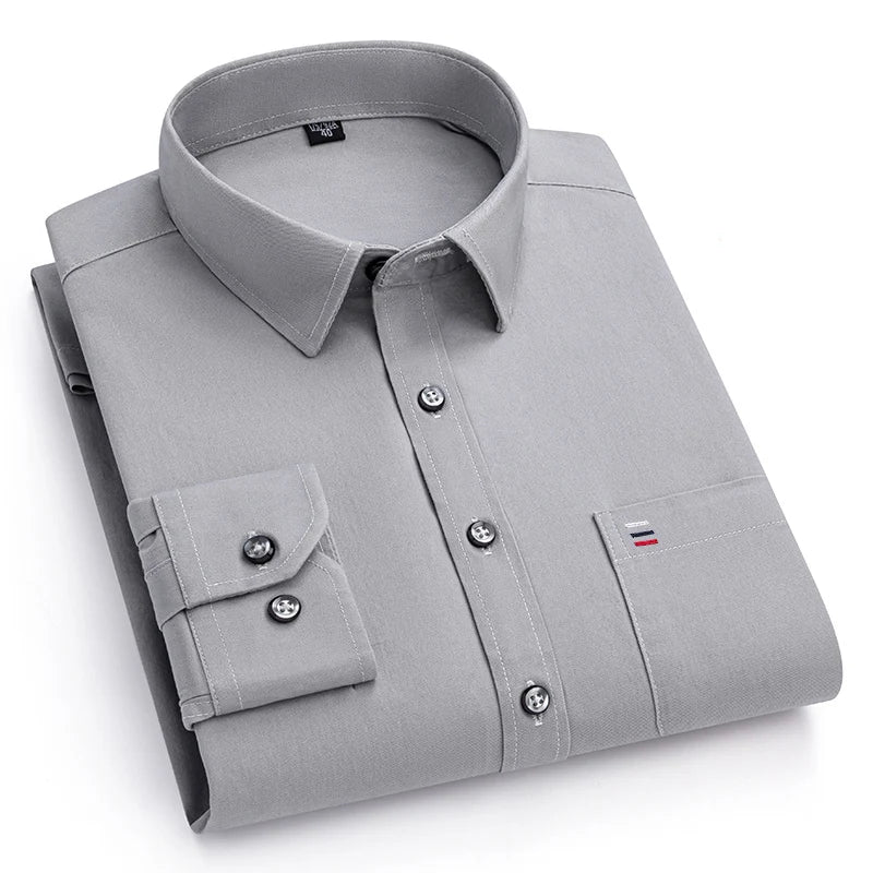 Nouveau 100% pur coton hommes chemises manches longues couleur unie doux coupe régulière chemise décontractée poche Social Blouse hommes vêtements S-7XL