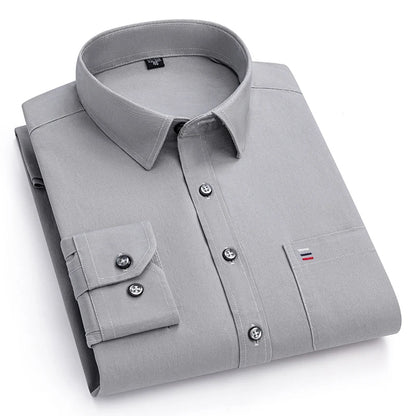 Nouveau 100% pur coton hommes chemises manches longues couleur unie doux coupe régulière chemise décontractée poche Social Blouse hommes vêtements S-7XL