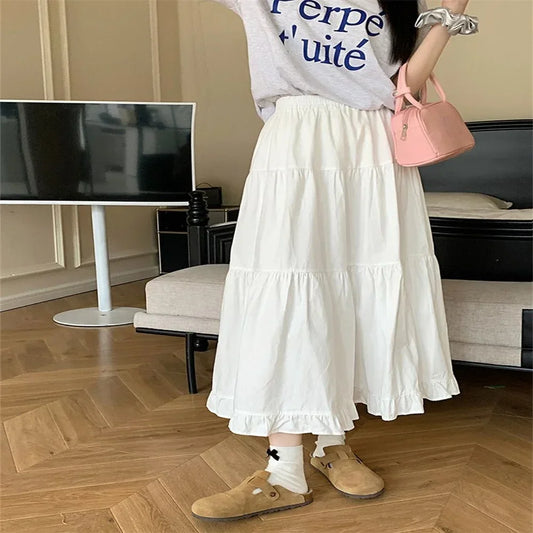Jupe longue blanche en coton taille haute pour femmes, jupes de gâteau, mode coréenne, doux, simple, adt, ligne A, nouveau, été, 2024