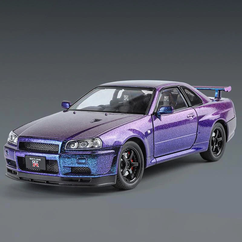 1:24 GTR R34 Skylin Diecast Modèle En Métal De Voiture Son Et Lumière Tirer Supercar Sport Racing Collection Loisirs Vacances Cadeau Garçon