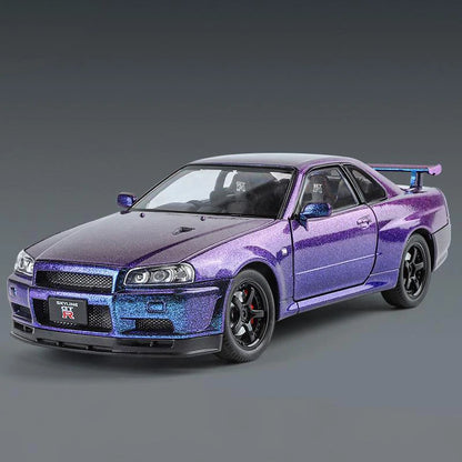 1:24 GTR R34 Skylin Diecast Modèle En Métal De Voiture Son Et Lumière Tirer Supercar Sport Racing Collection Loisirs Vacances Cadeau Garçon