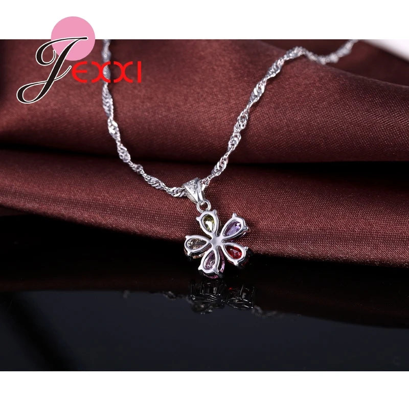 Kendning Flower-Ensembles de bijoux pendentif en cristal coloré CZ, collier en argent regardé 925, boucles d'oreilles pendantes et créoles