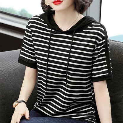 T-shirt surdimensionné à capuche à rayures pour femmes, robe spéciale, haut d'été, t-shirt à manches, vêtements pour femmes
