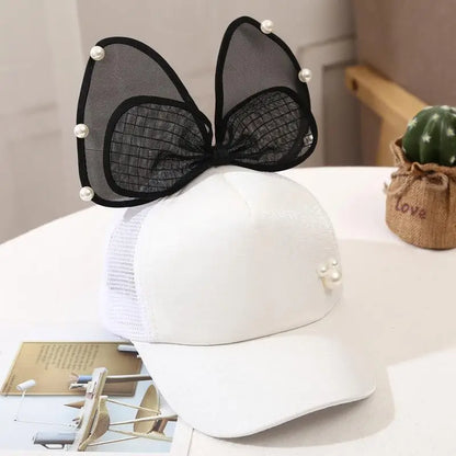 Casquette de baseball avec nœud papillon doux pour filles, grande maille, casquette à visière pour bébé, coton réglable, chapeaux de soleil pour tout-petits, été