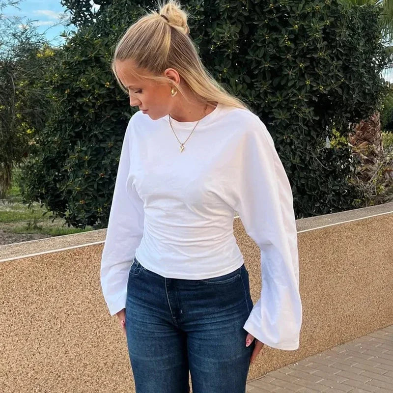 Talenza décontracté solide t-shirt femmes col rond à manches longues pull plis haut court femme 2025 automne mode basique t-shirt ample