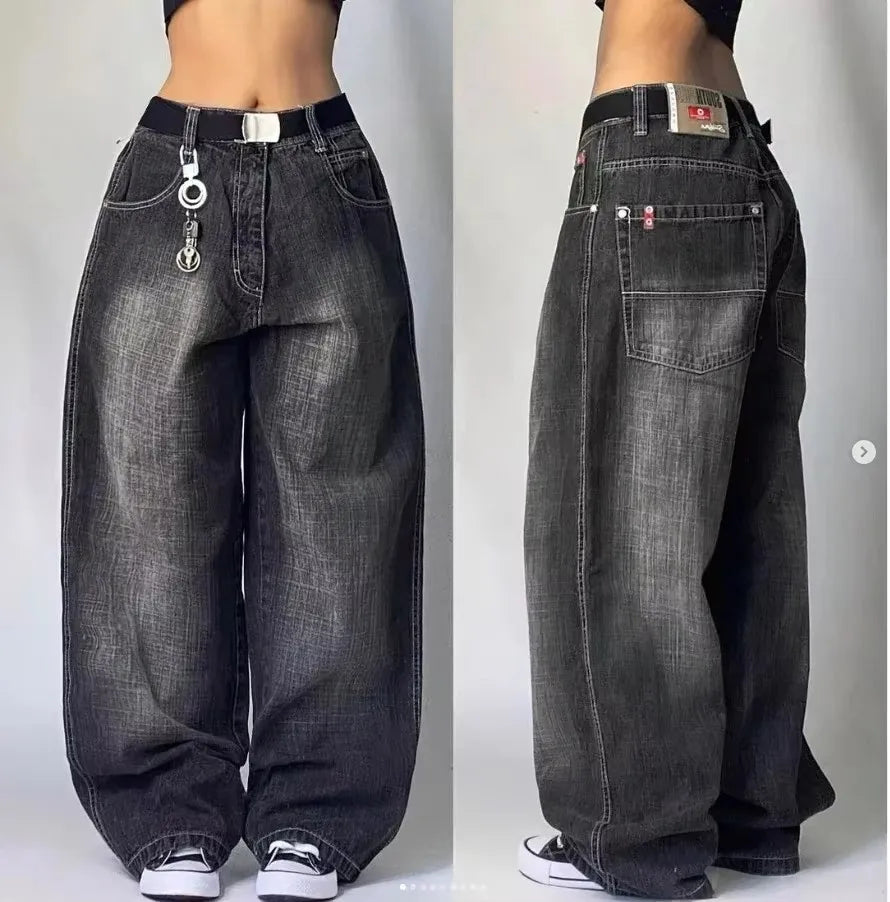 Baggy jean femmes américain Streetwear à la mode lavé Denim pantalon rétro Hip Hop haute rue cloche-bas