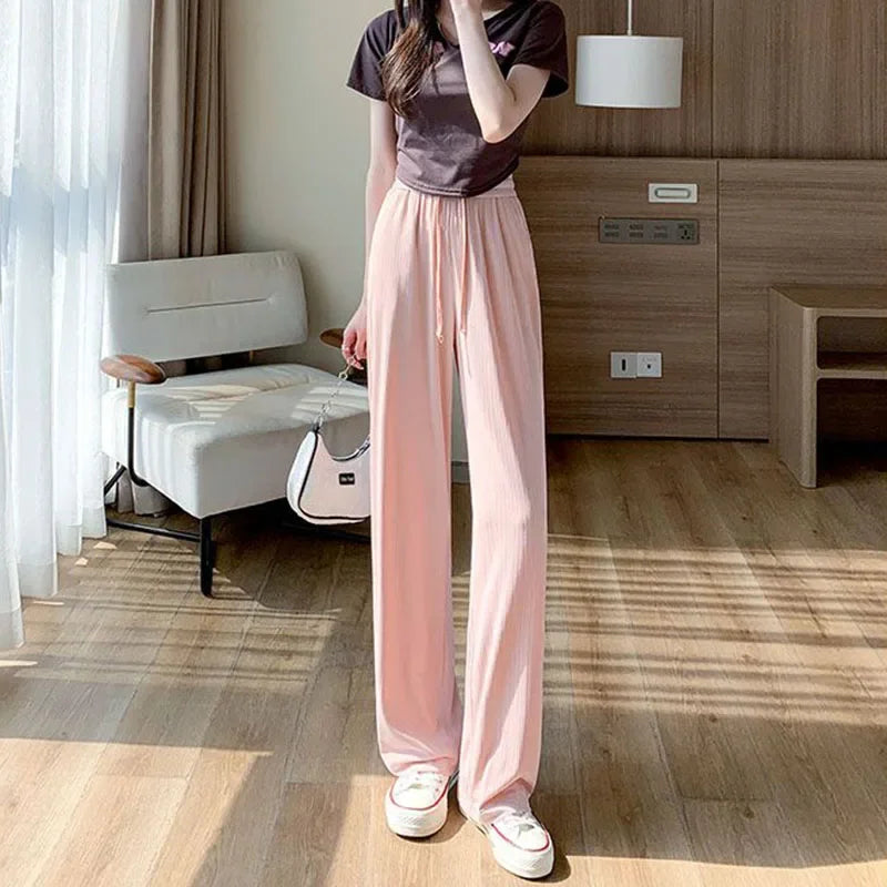 Pantalon droit en soie glacée pour femme, mode, taille haute, jambes larges, couleur unie, sensation d'affaissement, Baggy, décontracté, été