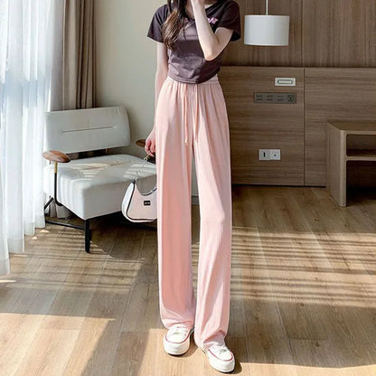 Pantalon droit en soie glacée pour femme, mode, taille haute, jambes larges, couleur unie, sensation d'affaissement, Baggy, décontracté, été