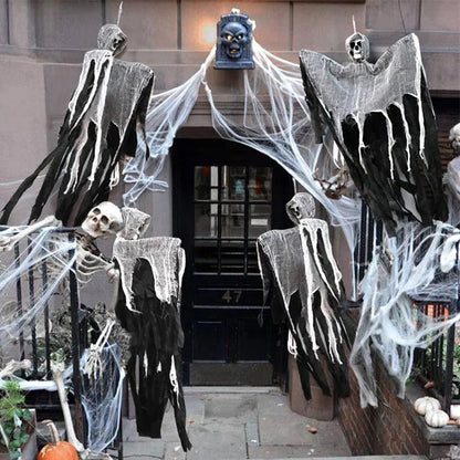 Accessoires de décoration d'Halloween, fantômes suspendus en gaze à tête de crâne, décorations suspendues à l'entrée des maisons hantées
